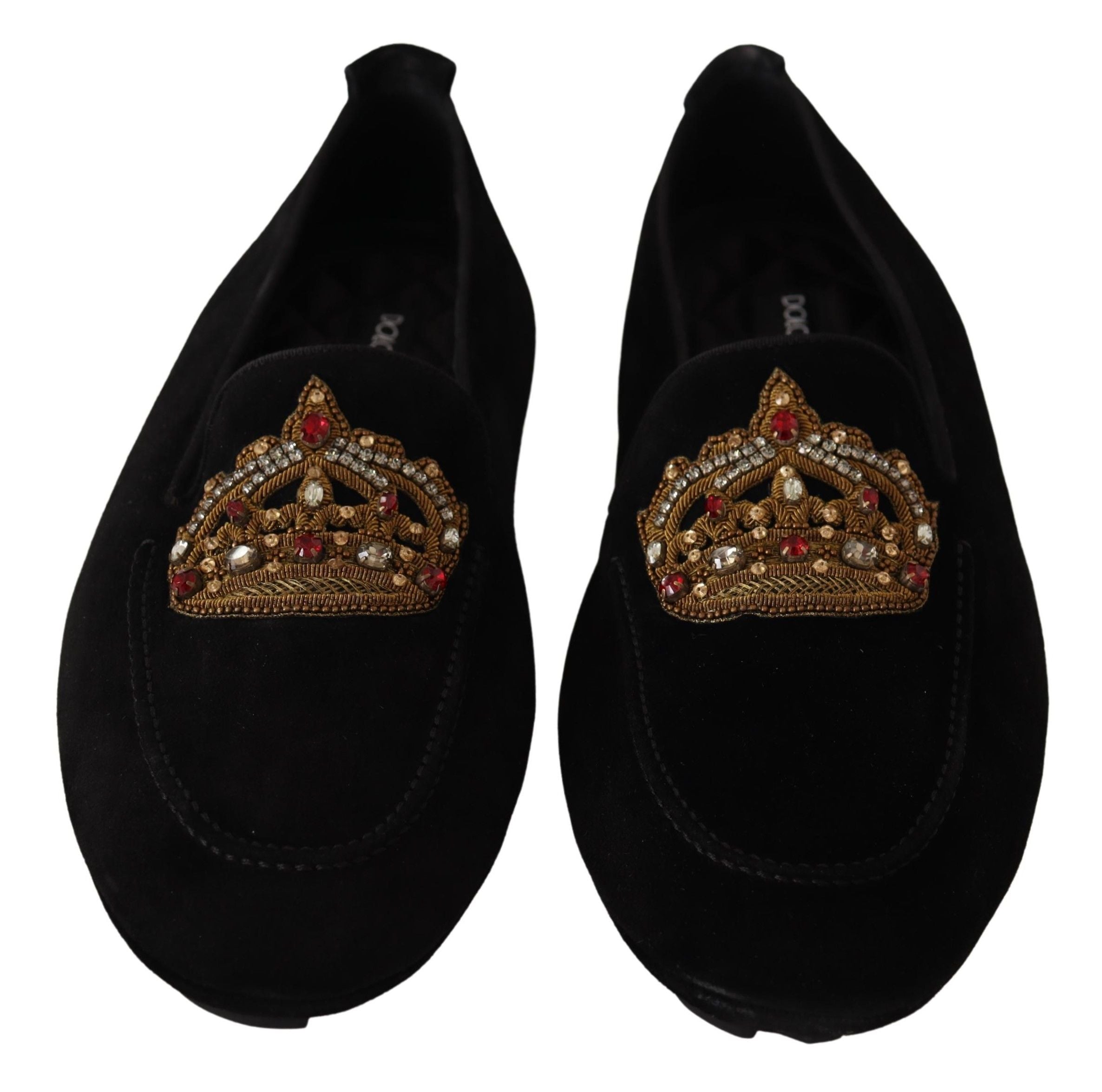 Dolce & Gabbana Black Leather Crystal Gold Crown Loafers Shoes - Zeiniez