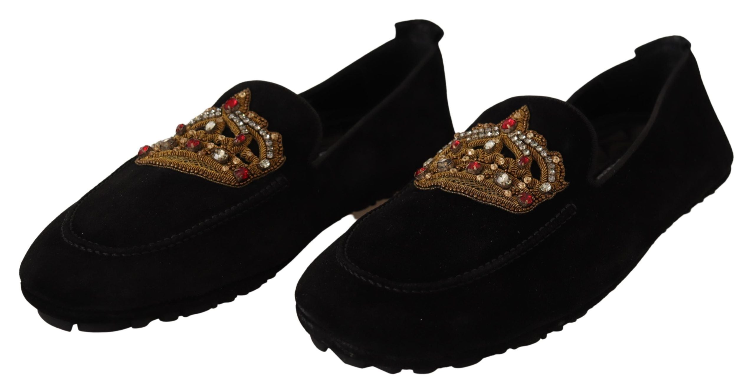 Dolce & Gabbana Black Leather Crystal Gold Crown Loafers Shoes - Zeiniez
