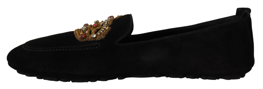 Dolce & Gabbana Black Leather Crystal Gold Crown Loafers Shoes - Zeiniez