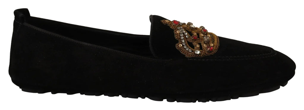 Dolce & Gabbana Black Leather Crystal Gold Crown Loafers Shoes - Zeiniez
