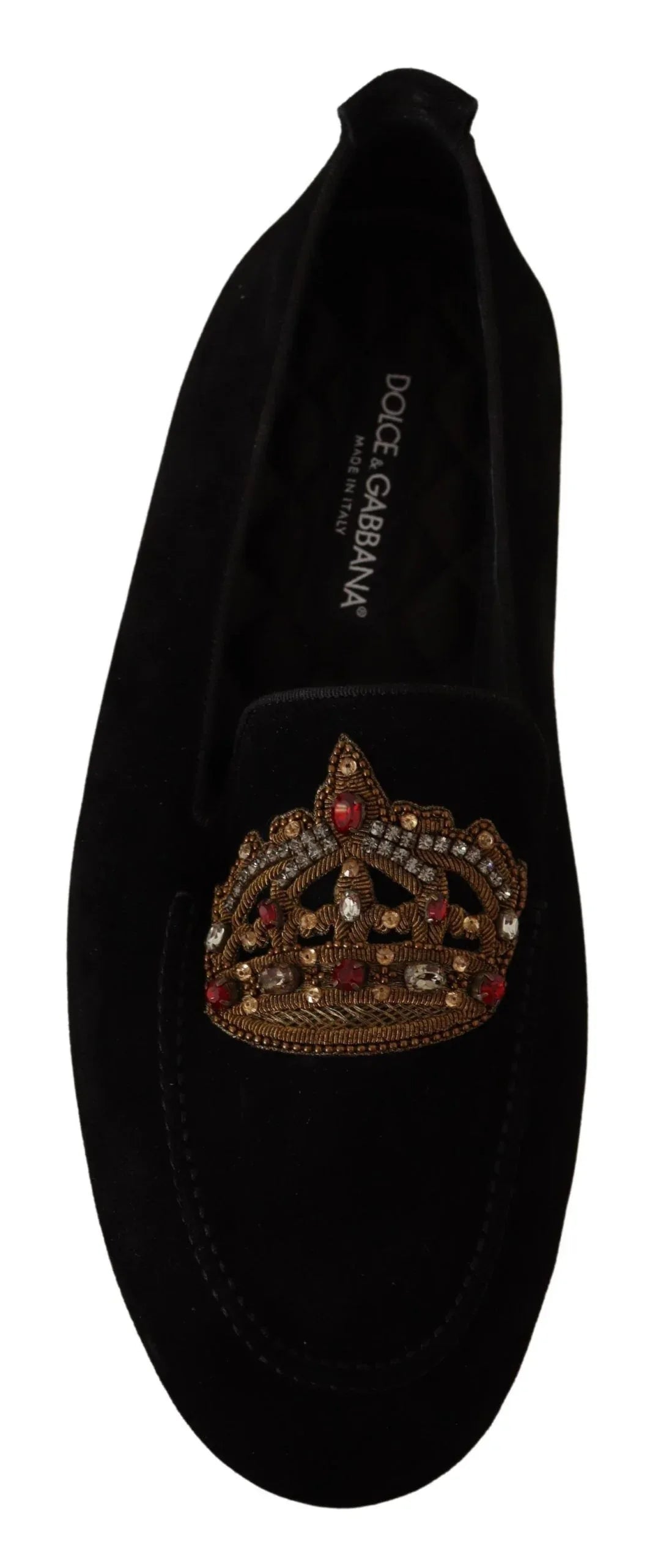 Dolce & Gabbana Black Leather Crystal Gold Crown Loafers Shoes - Zeiniez