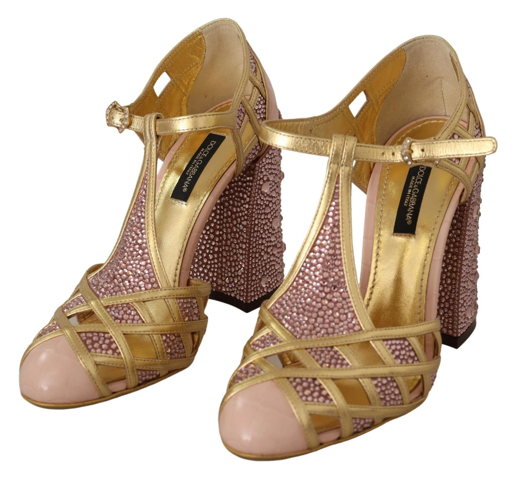 Dolce & Gabbana Pink Gold Leather Crystal Pumps T-strap Shoes - Zeiniez