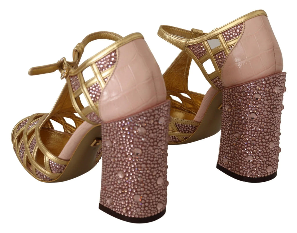 Dolce & Gabbana Pink Gold Leather Crystal Pumps T-strap Shoes - Zeiniez