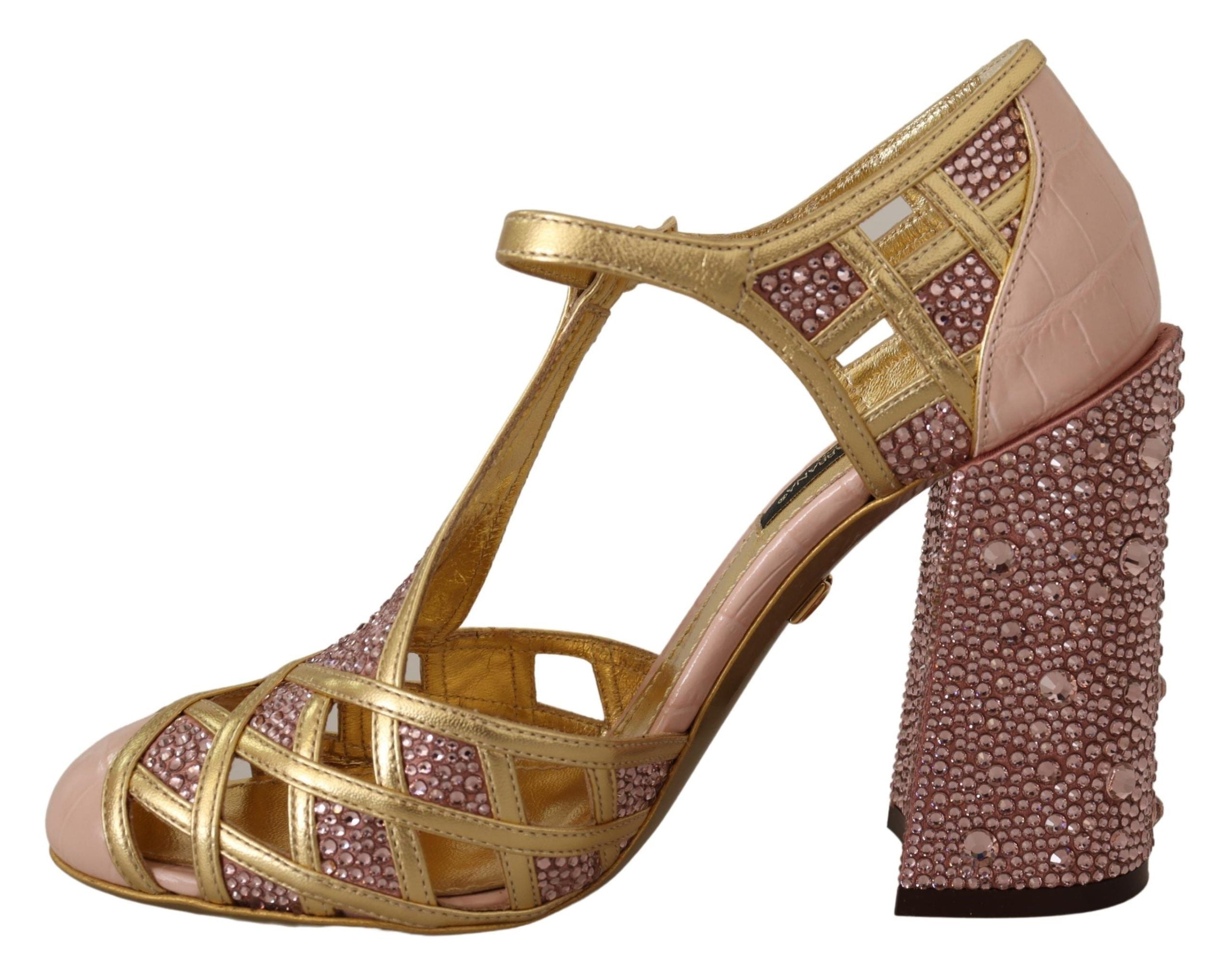 Dolce & Gabbana Pink Gold Leather Crystal Pumps T-strap Shoes - Zeiniez