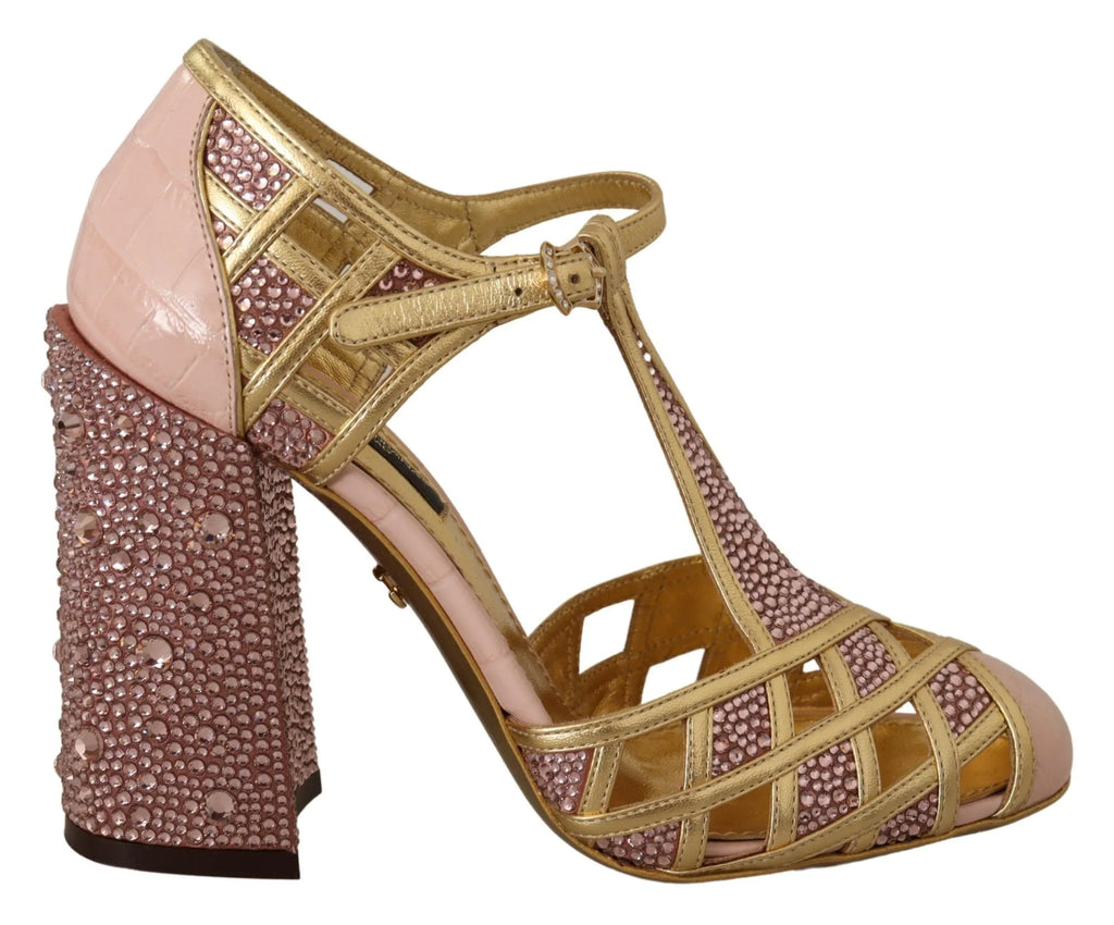 Dolce & Gabbana Pink Gold Leather Crystal Pumps T-strap Shoes - Zeiniez