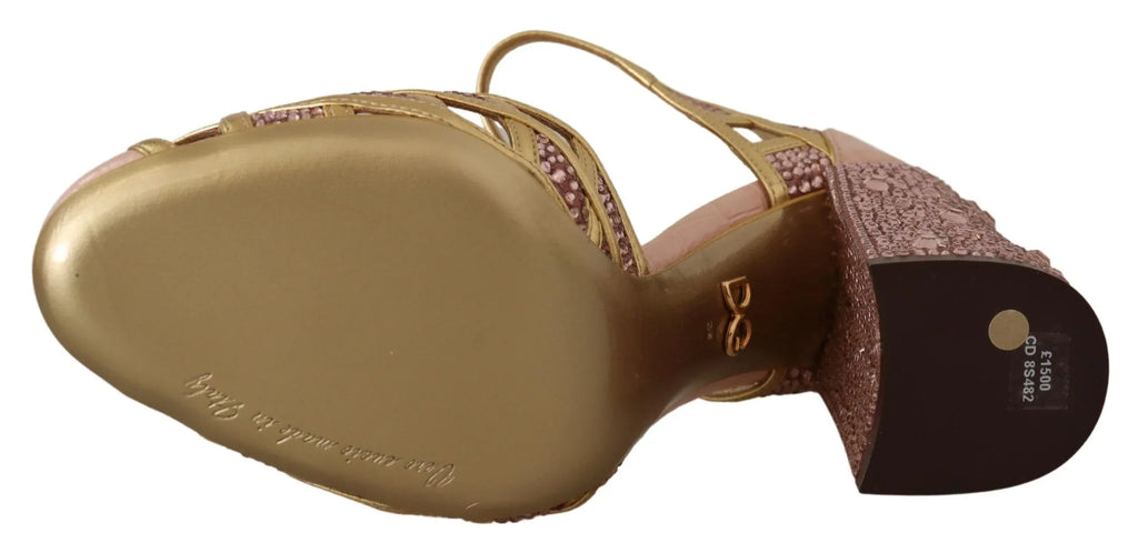 Dolce & Gabbana Pink Gold Leather Crystal Pumps T-strap Shoes - Zeiniez