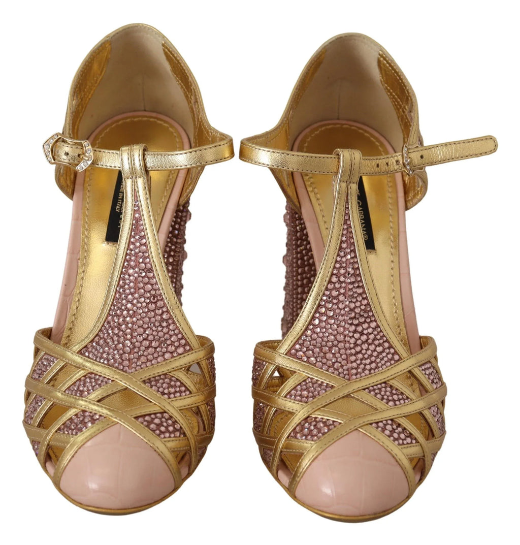 Dolce & Gabbana Pink Gold Leather Crystal Pumps T-strap Shoes - Zeiniez