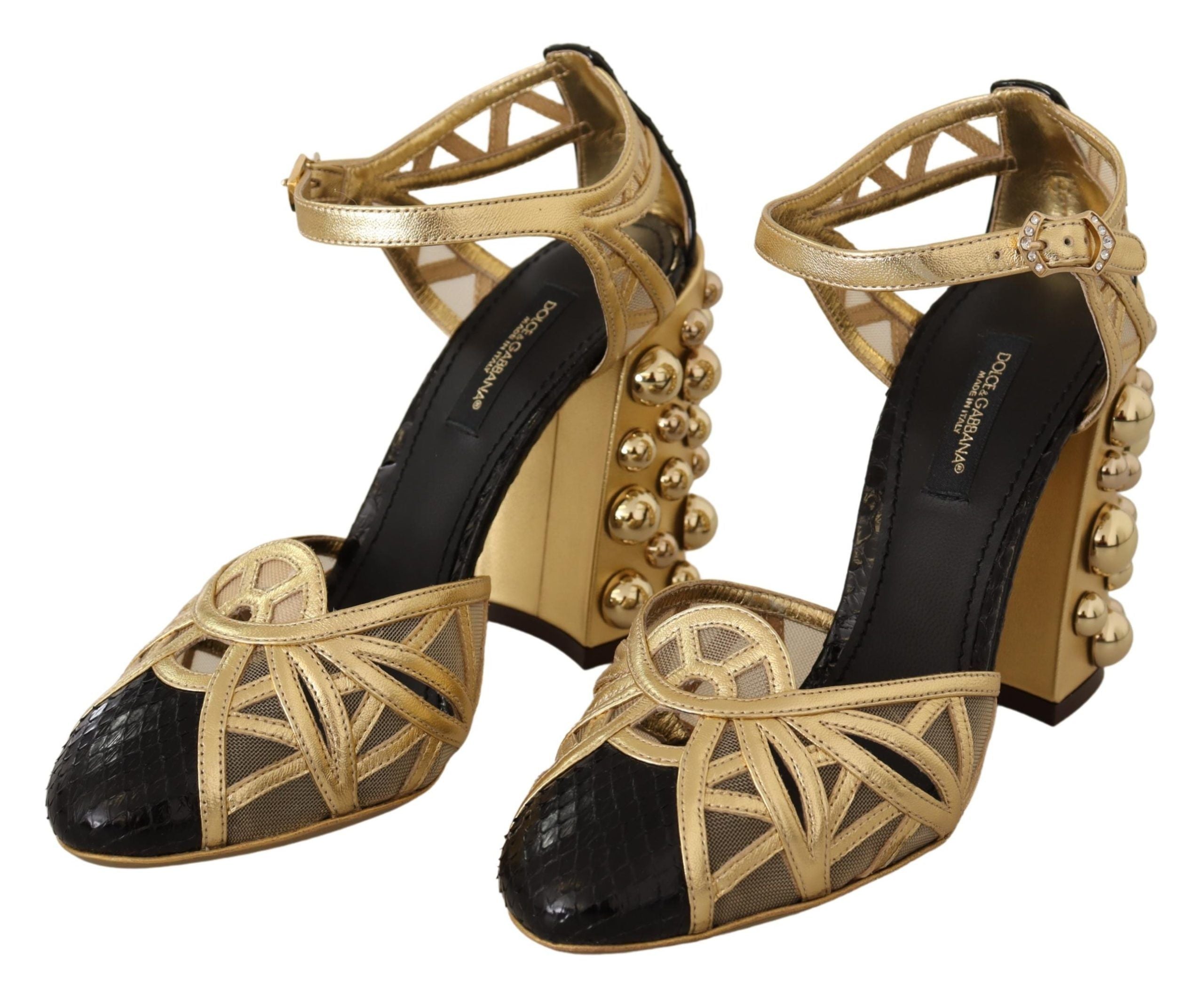 Dolce & Gabbana Black Gold Leather Studded Ankle Straps Shoes - Zeiniez