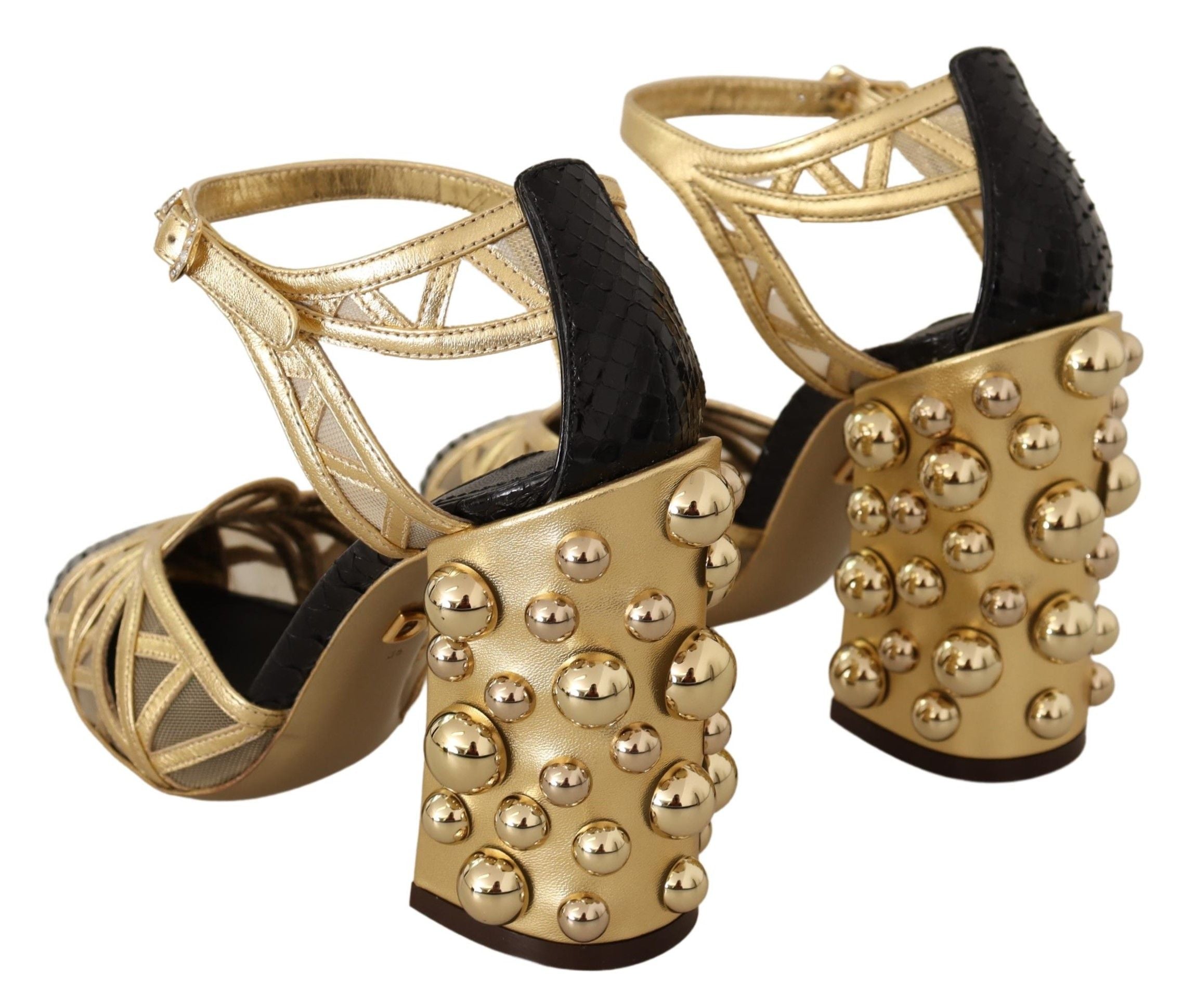 Dolce & Gabbana Black Gold Leather Studded Ankle Straps Shoes - Zeiniez