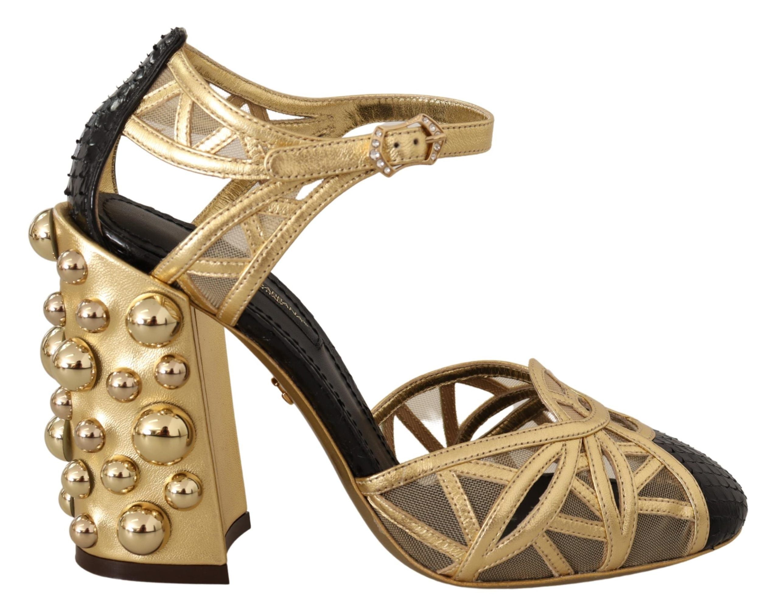 Dolce & Gabbana Black Gold Leather Studded Ankle Straps Shoes - Zeiniez