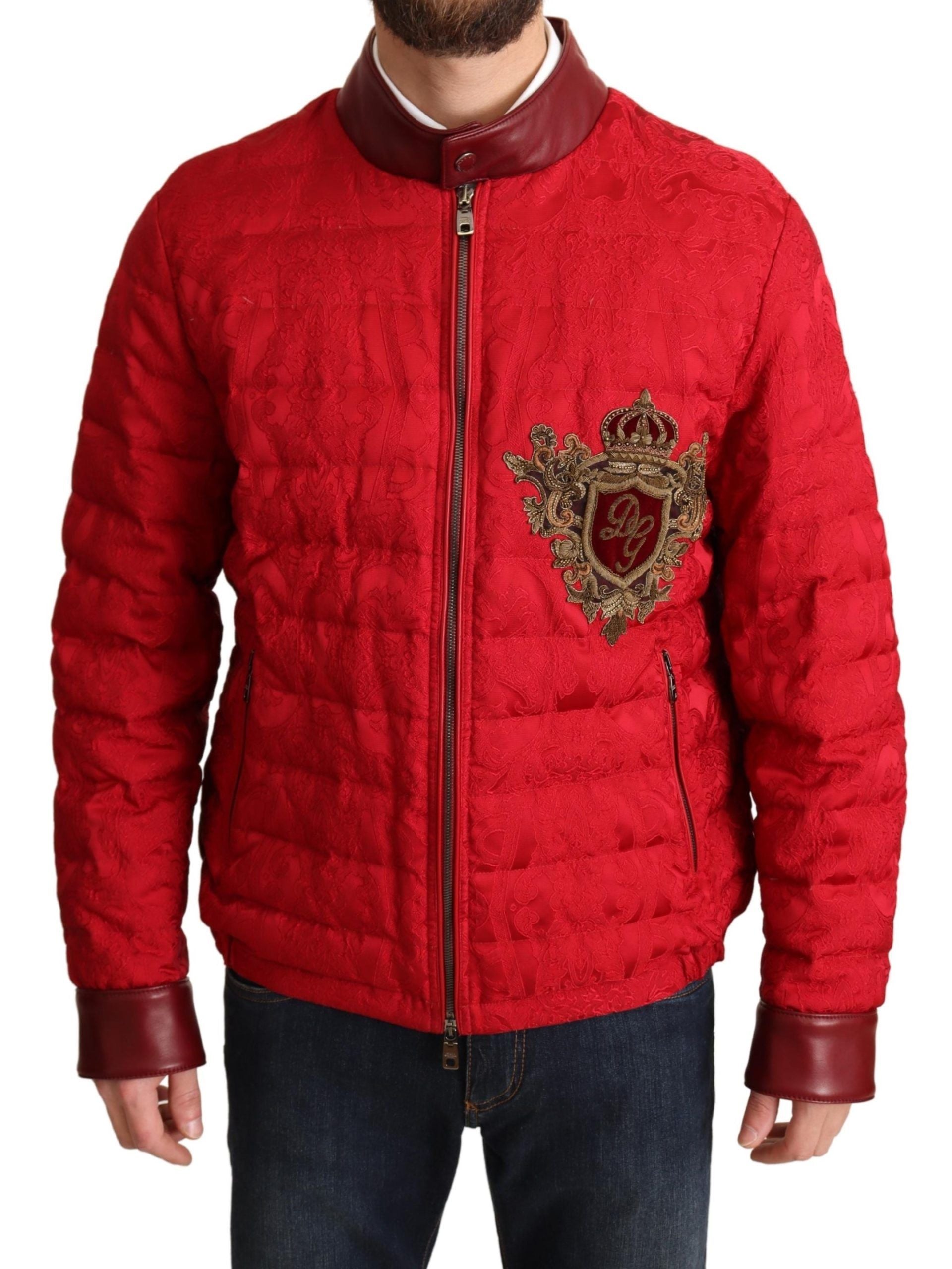 Dolce & Gabbana Red Brocade Bomber Gold Crown Logo Coat Jacket - Zeiniez