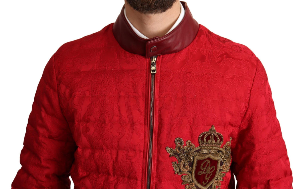 Dolce & Gabbana Red Brocade Bomber Gold Crown Logo Coat Jacket - Zeiniez