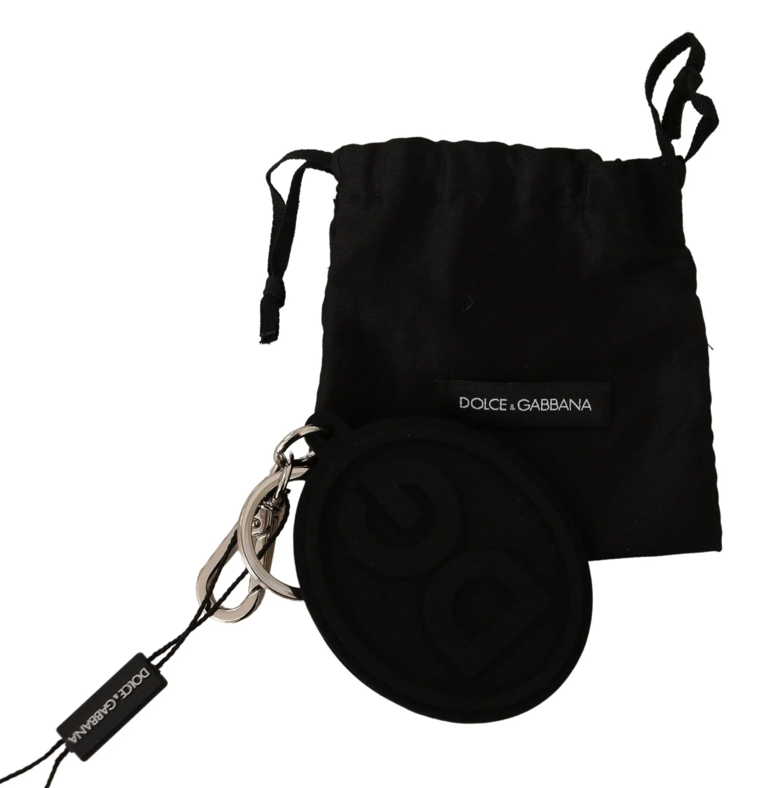 Dolce & Gabbana Black Rubber DG Logo Silver Brass Metal Keychain - Zeiniez