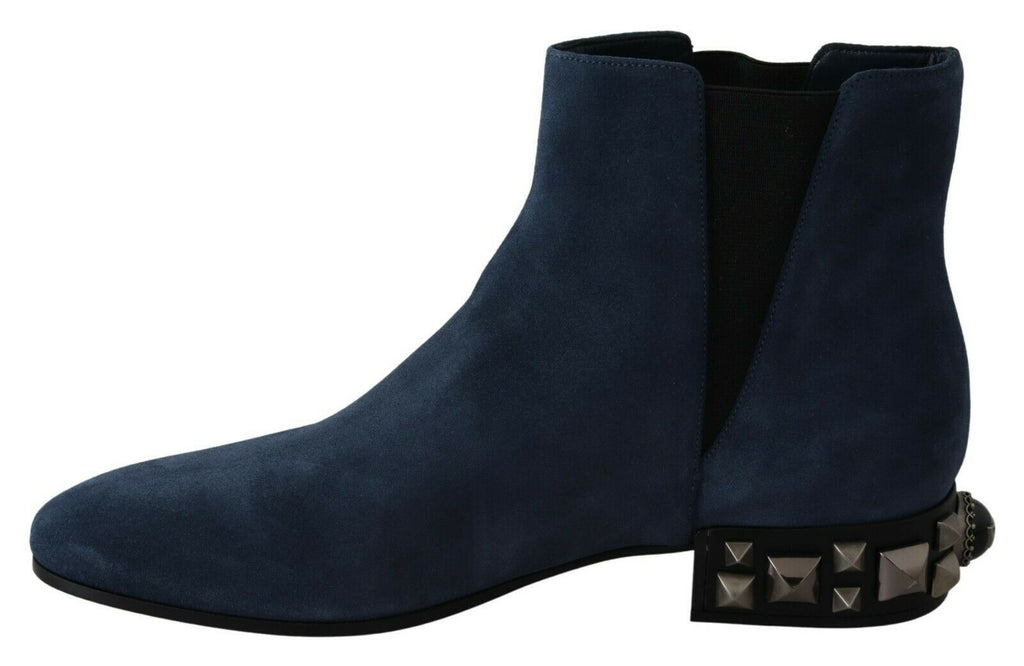 Dolce & Gabbana Blue Suede Embellished Studded Boots Shoes - Zeiniez