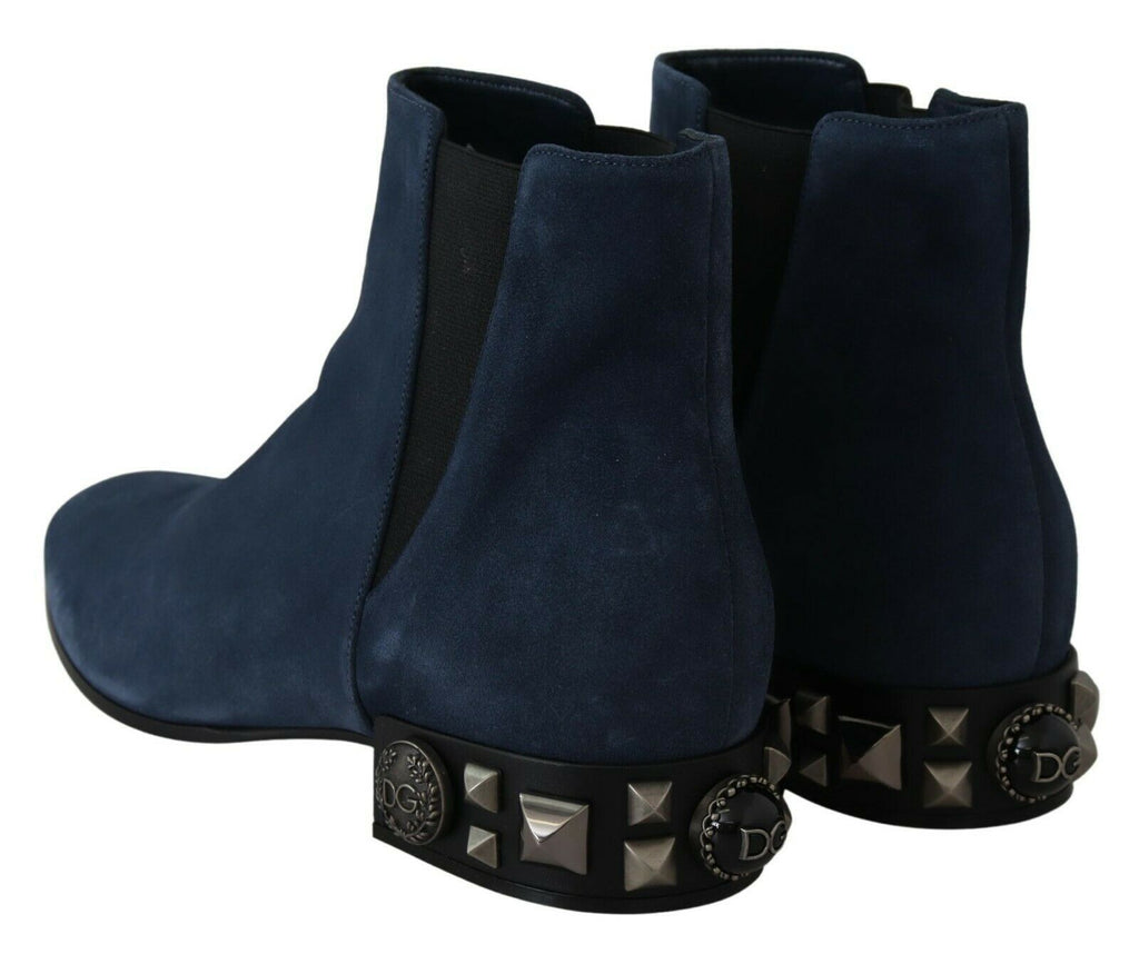 Dolce & Gabbana Blue Suede Embellished Studded Boots Shoes - Zeiniez