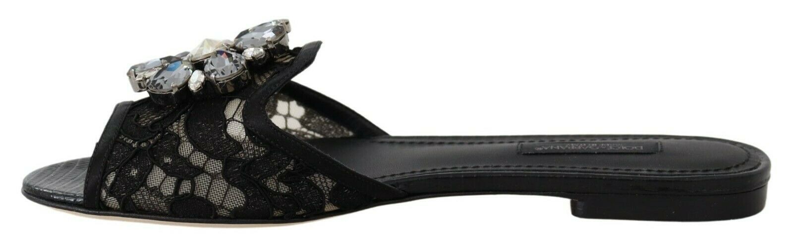 Dolce & Gabbana Black Taormina Lace Slides Crystals Flats Shoes - Zeiniez
