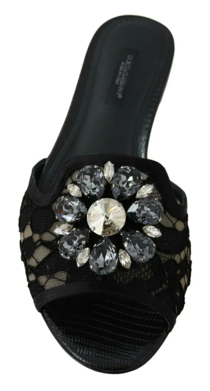 Dolce & Gabbana Black Taormina Lace Slides Crystals Flats Shoes - Zeiniez