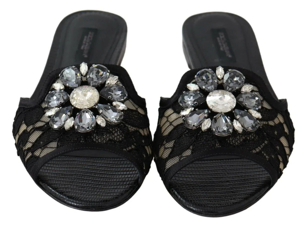 Dolce & Gabbana Black Taormina Lace Slides Crystals Flats Shoes - Zeiniez
