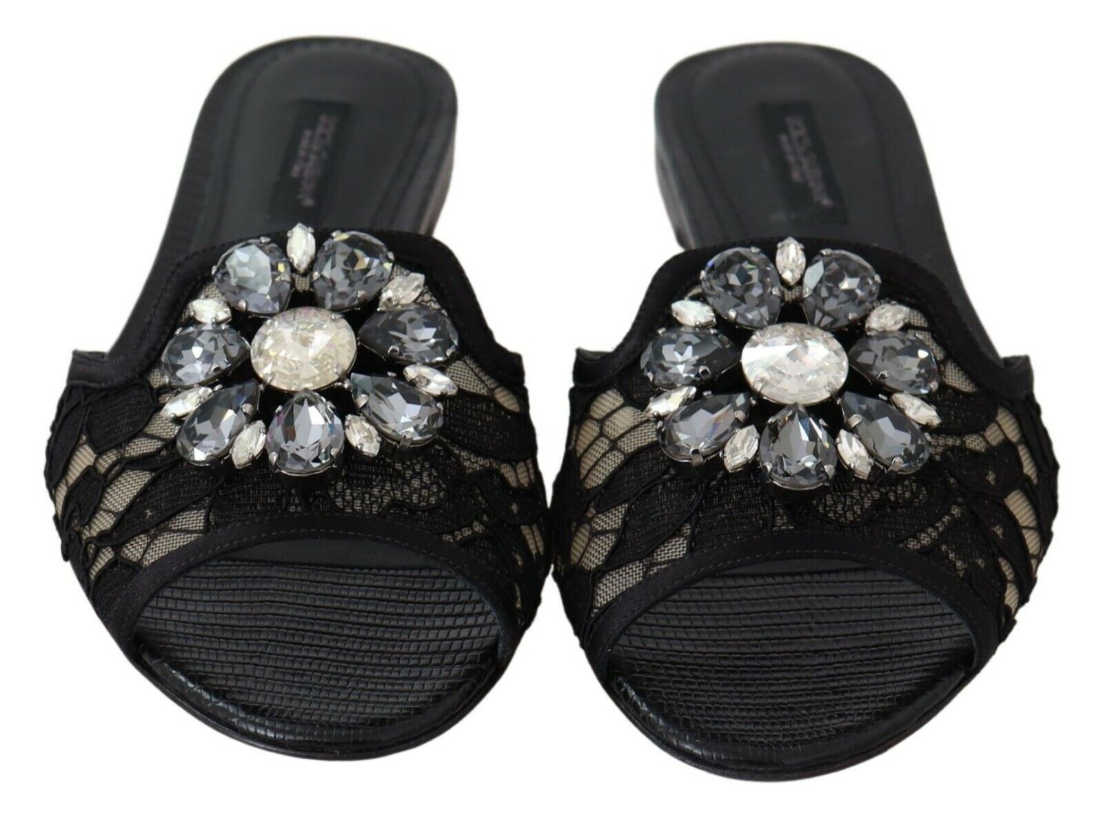 Dolce & Gabbana Black Taormina Lace Slides Crystals Flats Shoes - Zeiniez