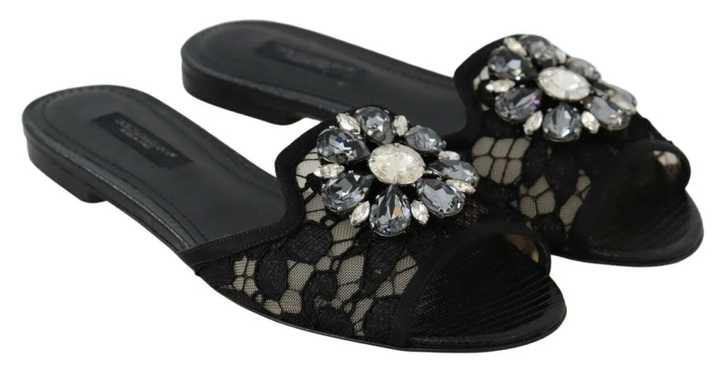 Dolce & Gabbana Black Taormina Lace Slides Crystals Flats Shoes - Zeiniez