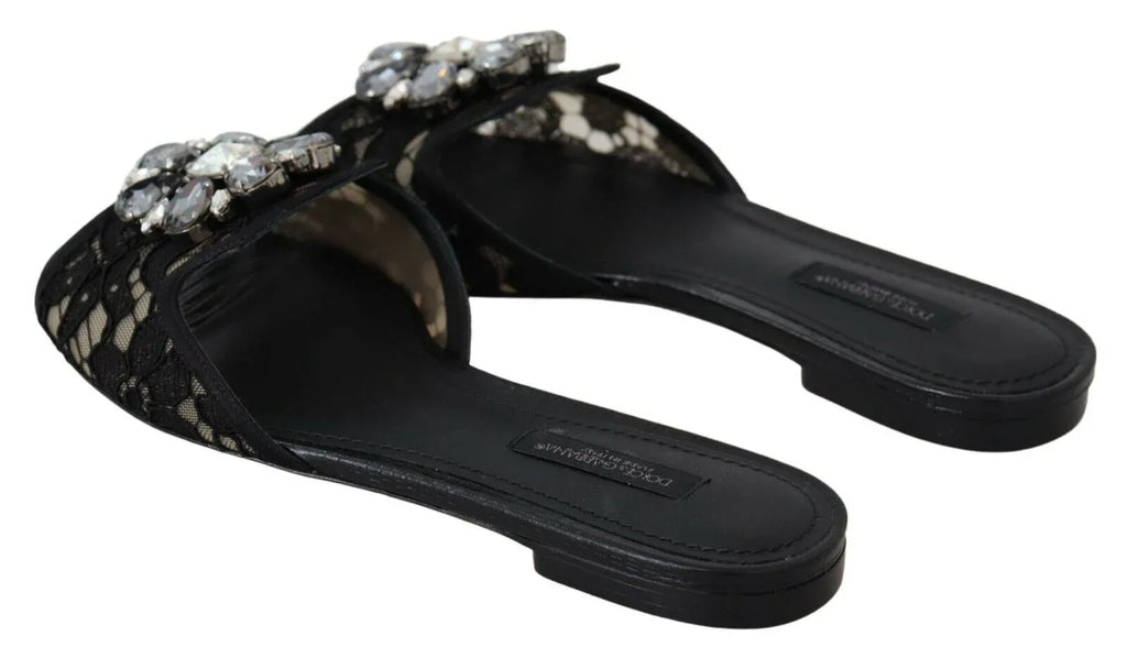 Dolce & Gabbana Black Taormina Lace Slides Crystals Flats Shoes - Zeiniez