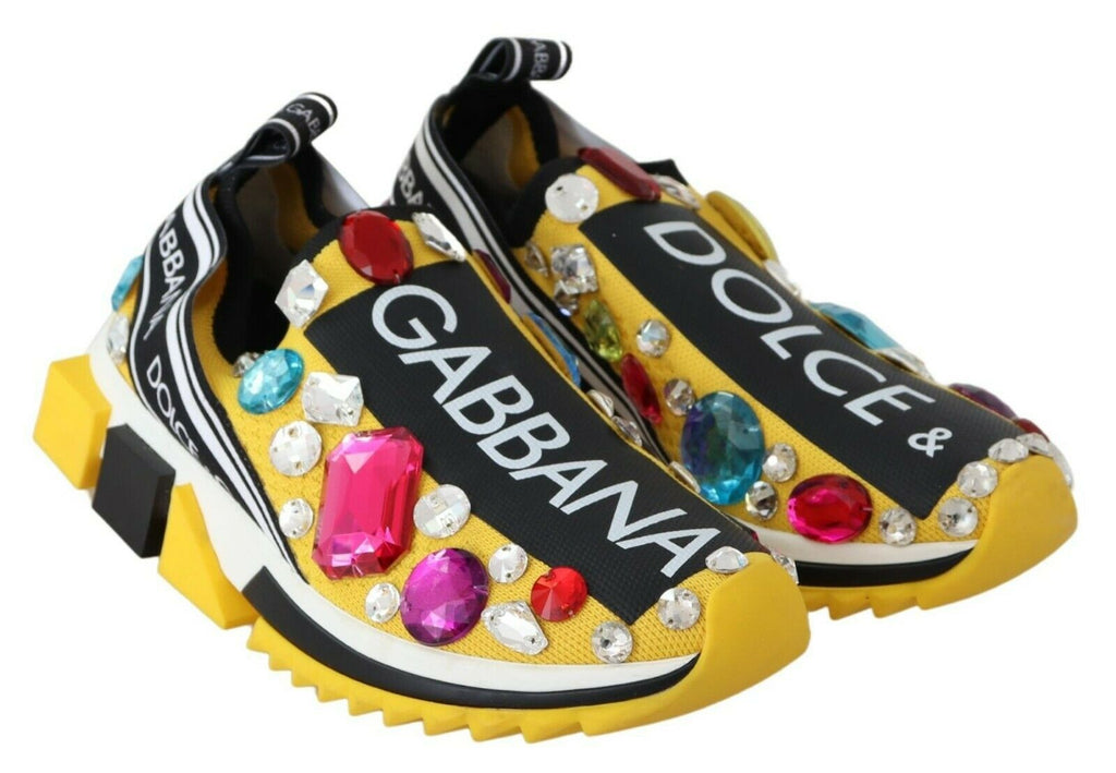 Dolce & Gabbana Yellow Multicolor Crystals Sneakers Shoes - Zeiniez
