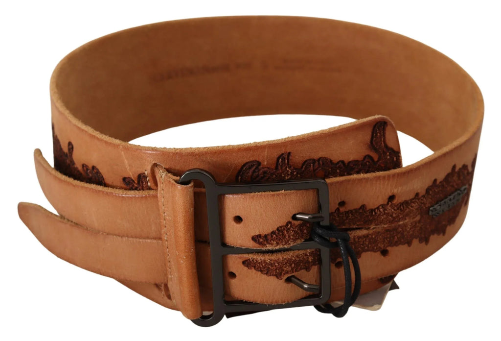 Scervino Street Brown Genuine Leather Black Logo Buckle Belt - Zeiniez