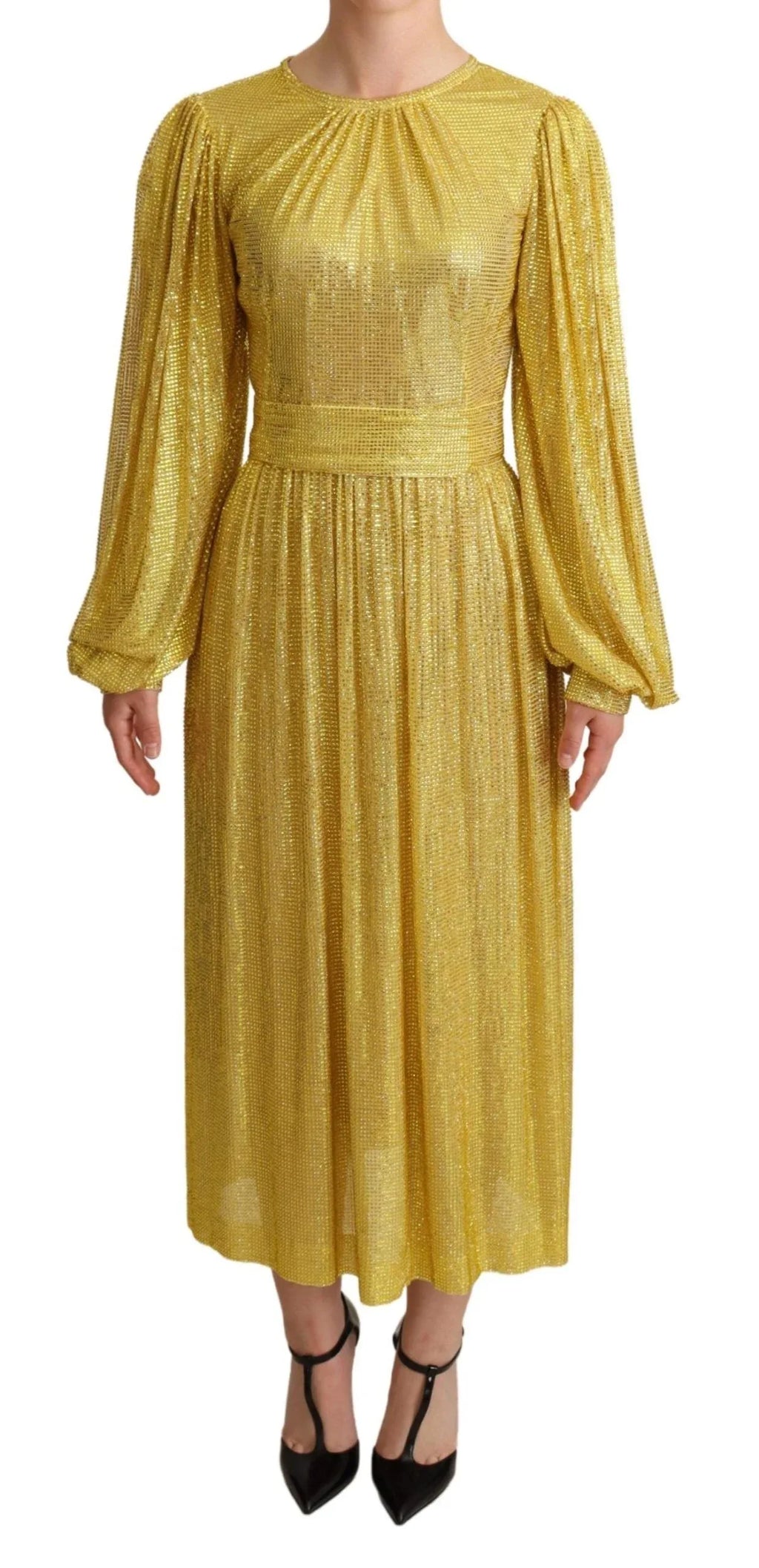 Dolce & Gabbana Yellow Crystal Mesh Pleated Maxi Dress - Zeiniez
