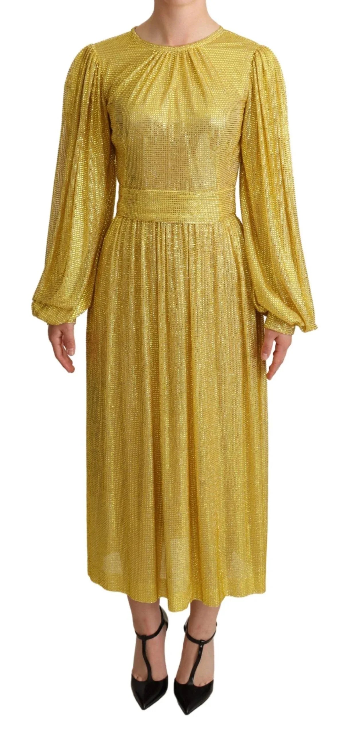 Dolce & Gabbana Yellow Crystal Mesh Pleated Maxi Dress - Zeiniez