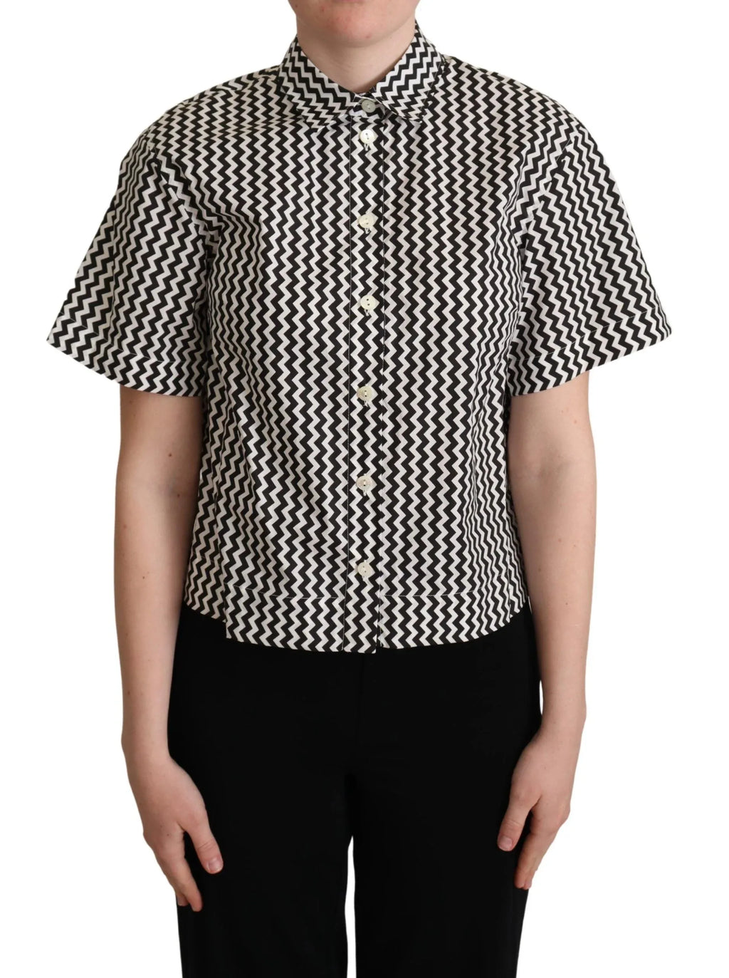 Dolce & Gabbana Black White Zigzag Collar Cotton Top Shirt - Zeiniez