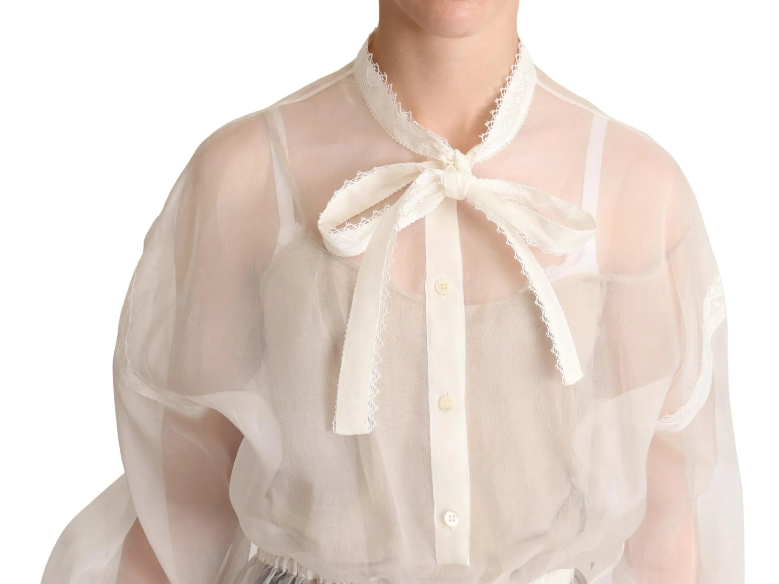 Dolce & Gabbana White Ascot Collar Long Sleeves Blouse Top - Zeiniez