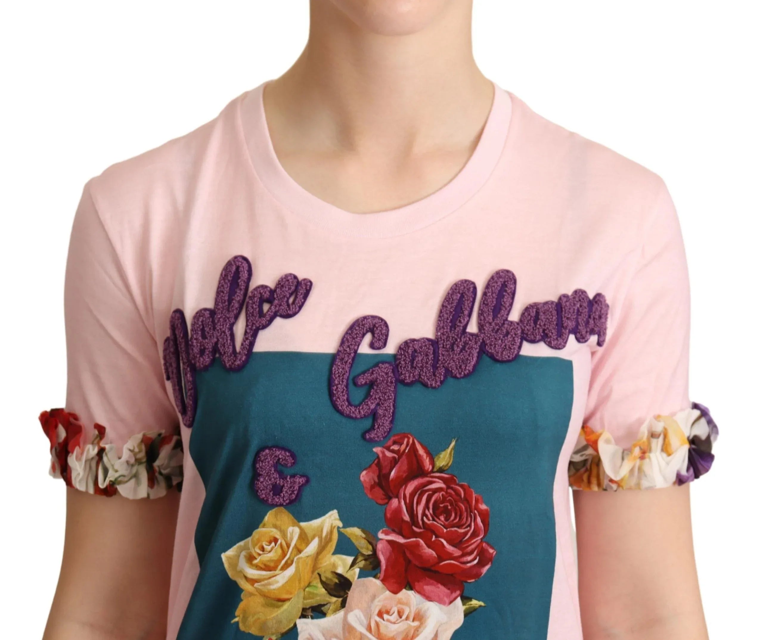 Dolce & Gabbana Pink Cotton Floral Roses Crewneck T-shirt - Zeiniez