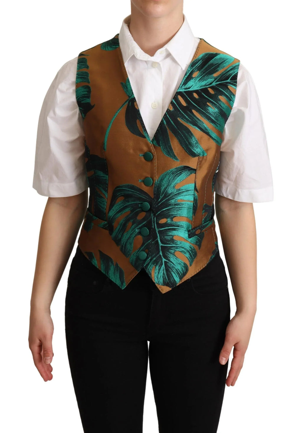 Dolce & Gabbana Green Jacquard Leaf Gold Waistcoat Vest - Zeiniez