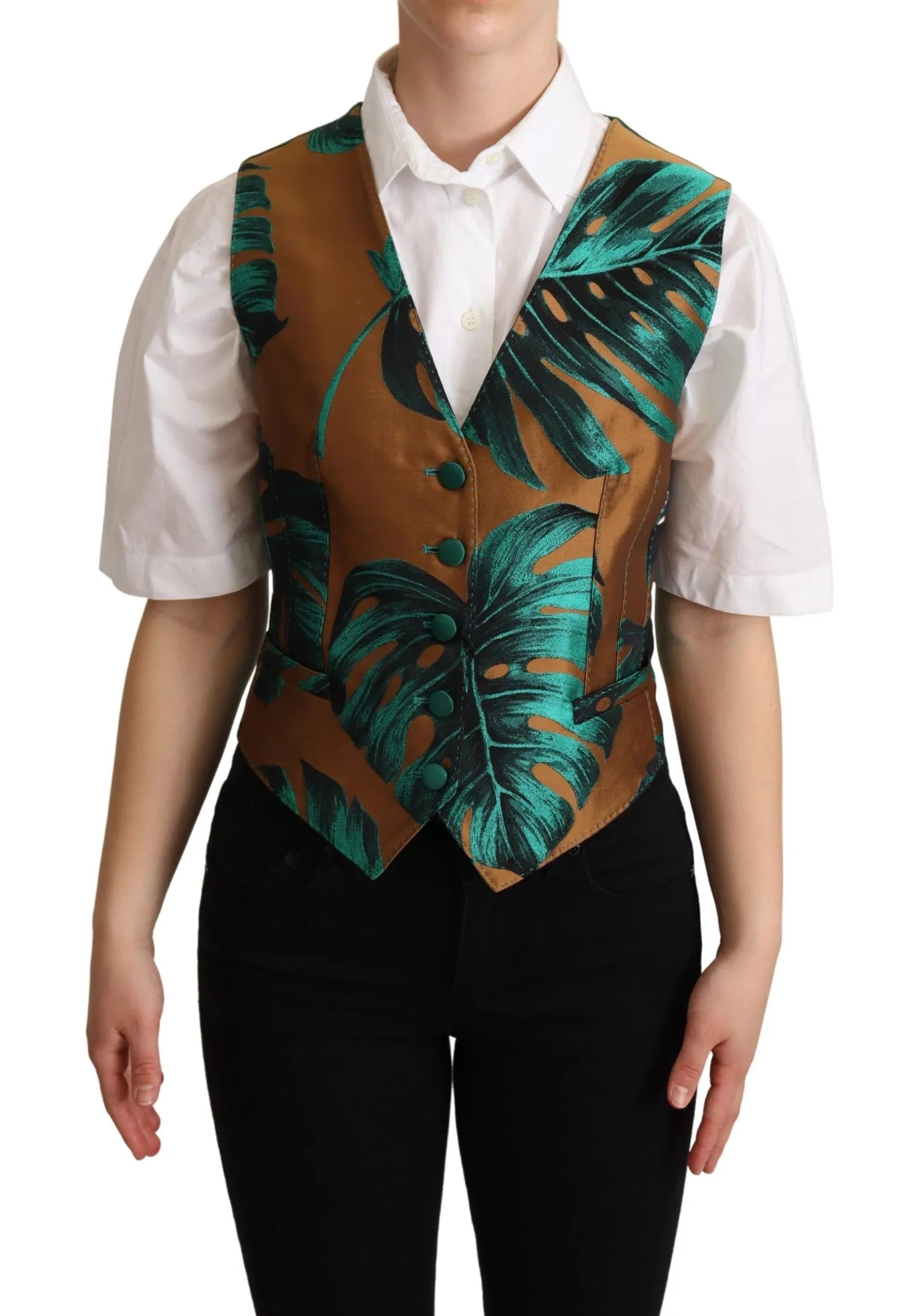 Dolce & Gabbana Green Jacquard Leaf Gold Waistcoat Vest - Zeiniez