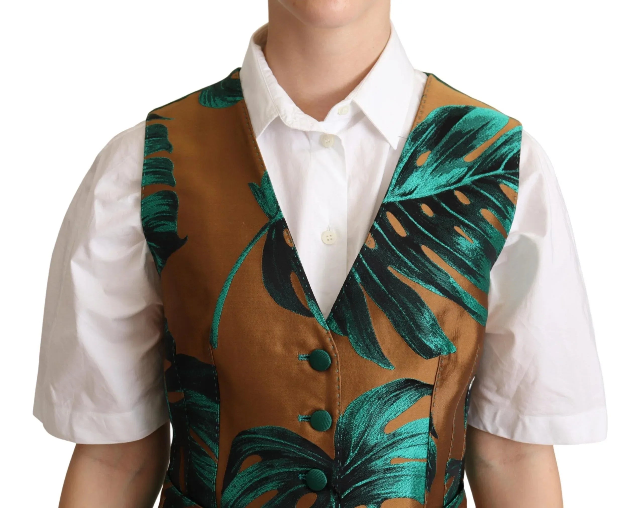 Dolce & Gabbana Green Jacquard Leaf Gold Waistcoat Vest - Zeiniez