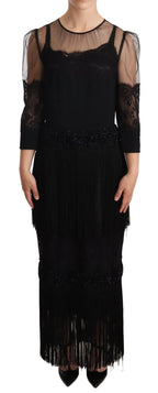 Dolce & Gabbana Black Sheer Floral Lace Crystal Maxi Dress - Zeiniez