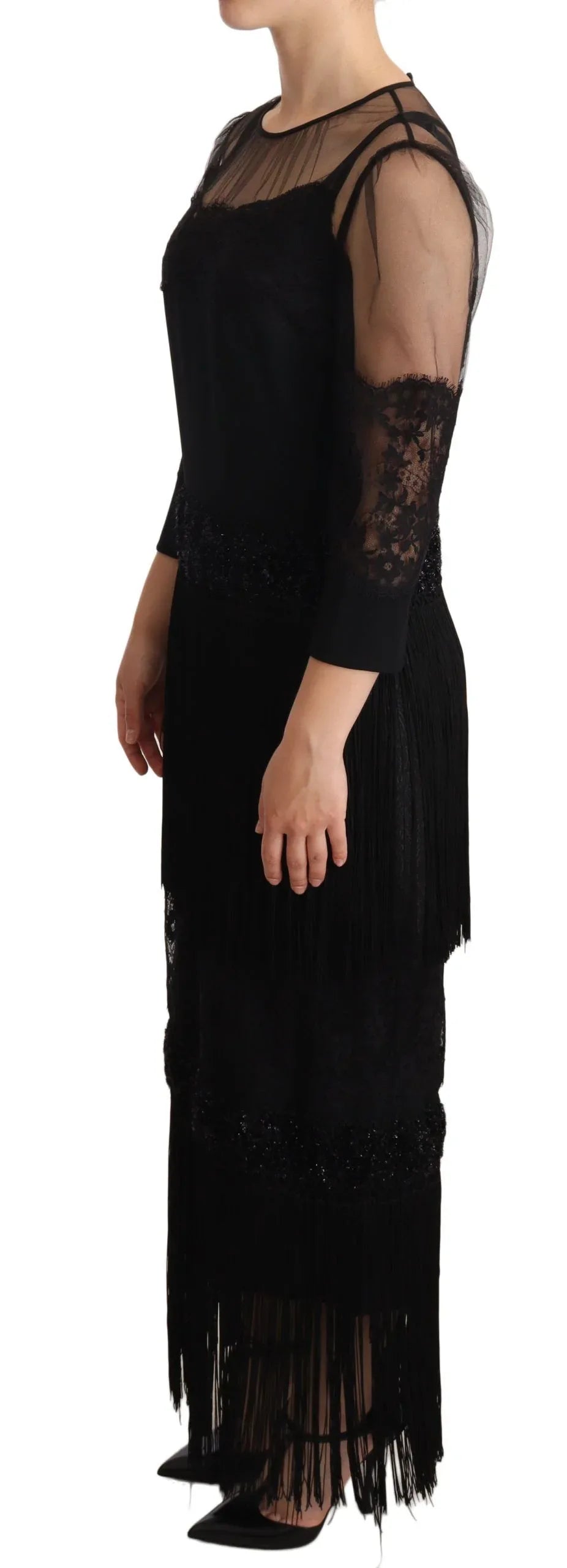 Dolce & Gabbana Black Sheer Floral Lace Crystal Maxi Dress - Zeiniez