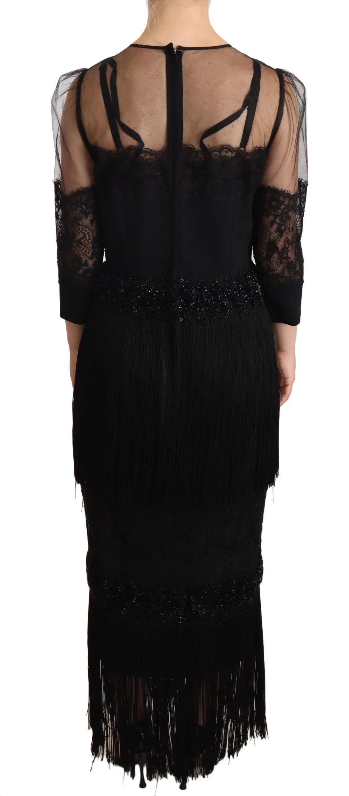 Dolce & Gabbana Black Sheer Floral Lace Crystal Maxi Dress - Zeiniez