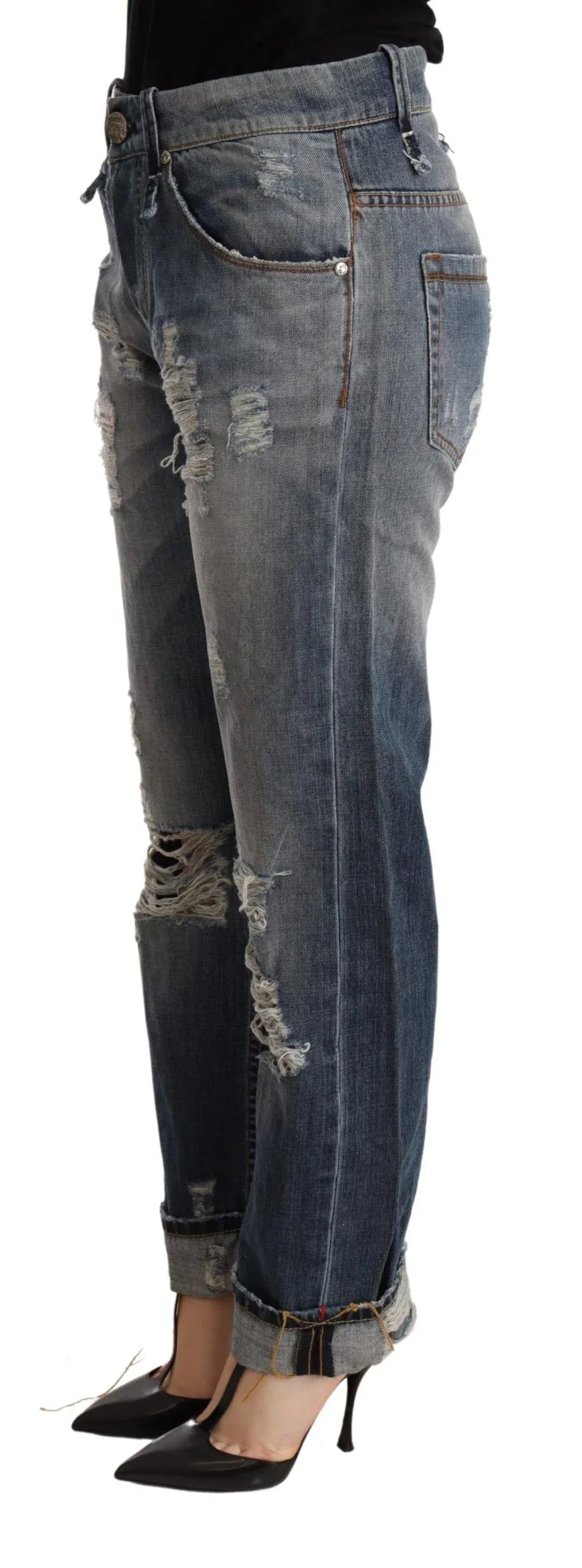 Acht Blue Tattered Mid Waist Straight Denim Trouser - Zeiniez
