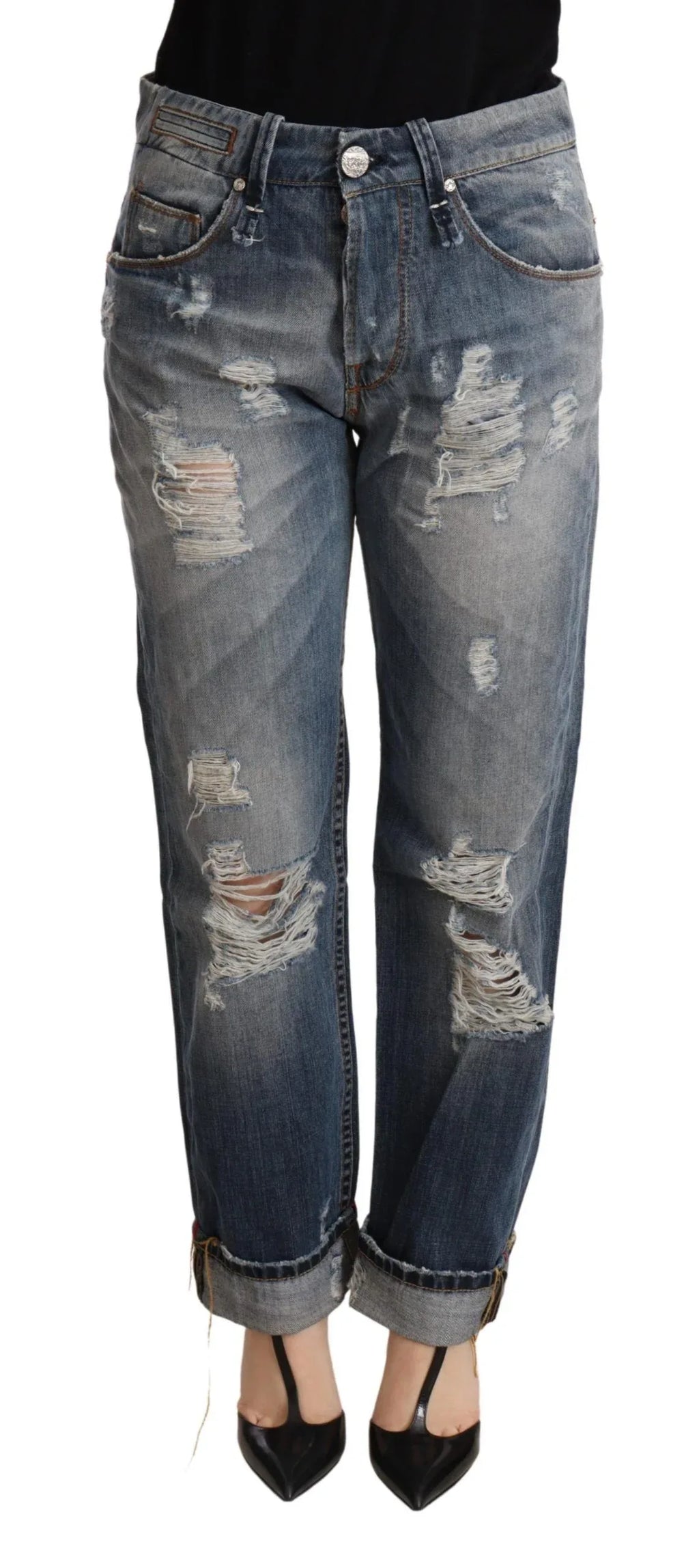 Acht Blue Tattered Mid Waist Straight Denim Trouser - Zeiniez