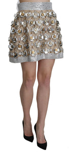 Dolce & Gabbana Silver Silk Crystal High Waist Mini Skirt - Zeiniez