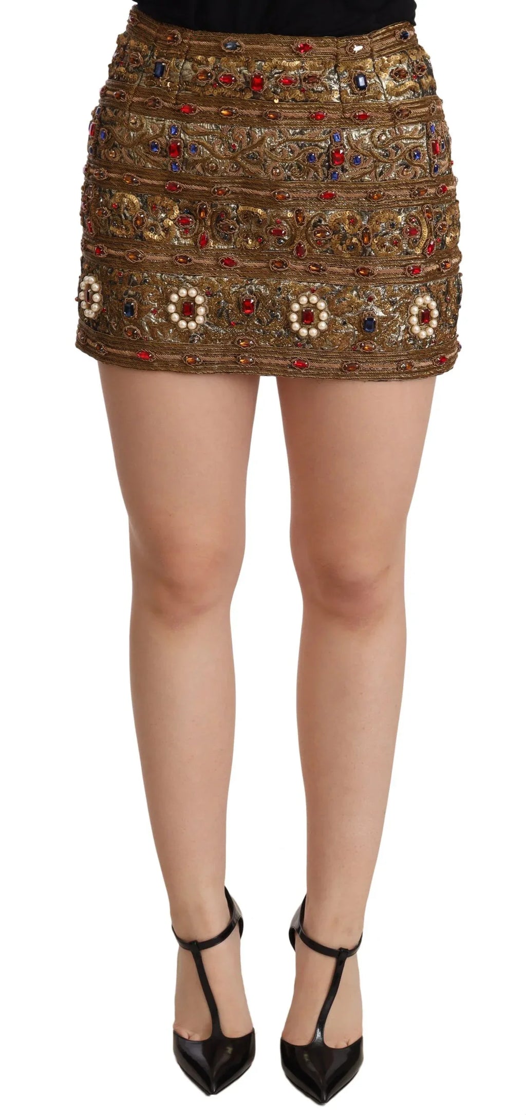 Dolce & Gabbana Gold Crystal Jacquard High Waist Skirt - Zeiniez