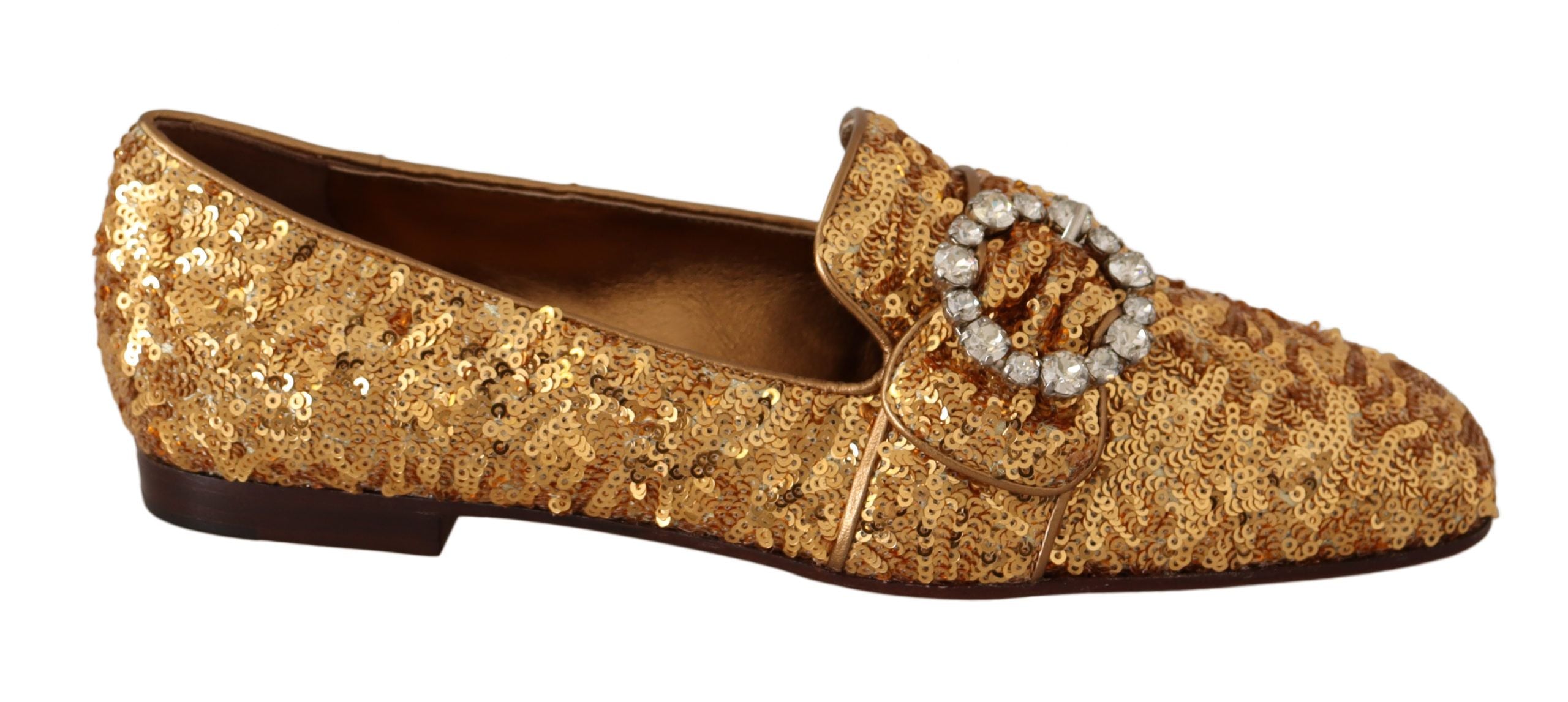 Dolce & Gabbana Gold Sequin Crystal Flat Women Loafers Shoes - Zeiniez