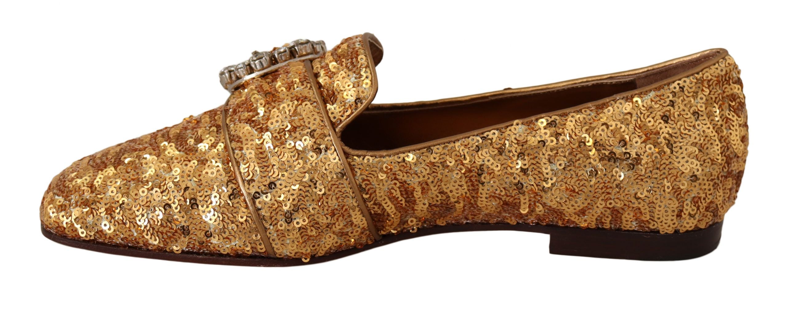 Dolce & Gabbana Gold Sequin Crystal Flat Women Loafers Shoes - Zeiniez