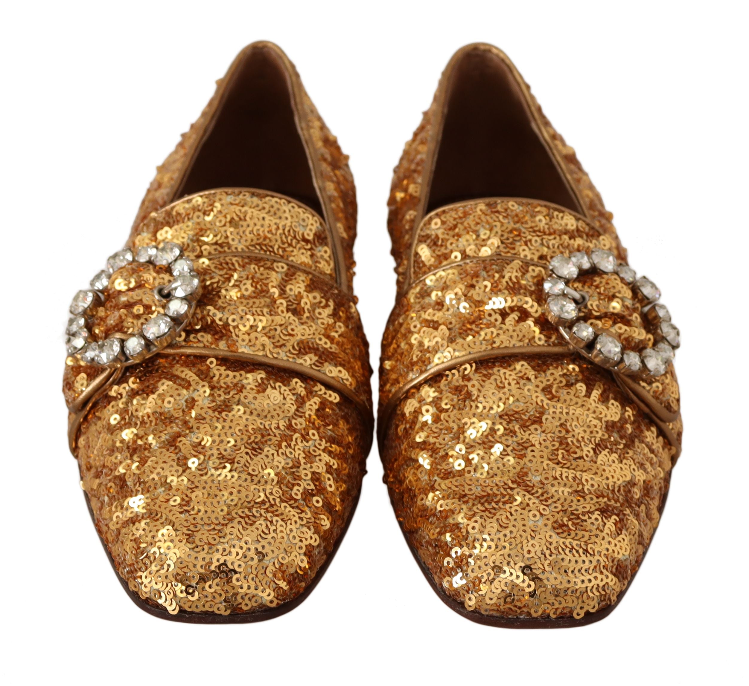 Dolce & Gabbana Gold Sequin Crystal Flat Women Loafers Shoes - Zeiniez