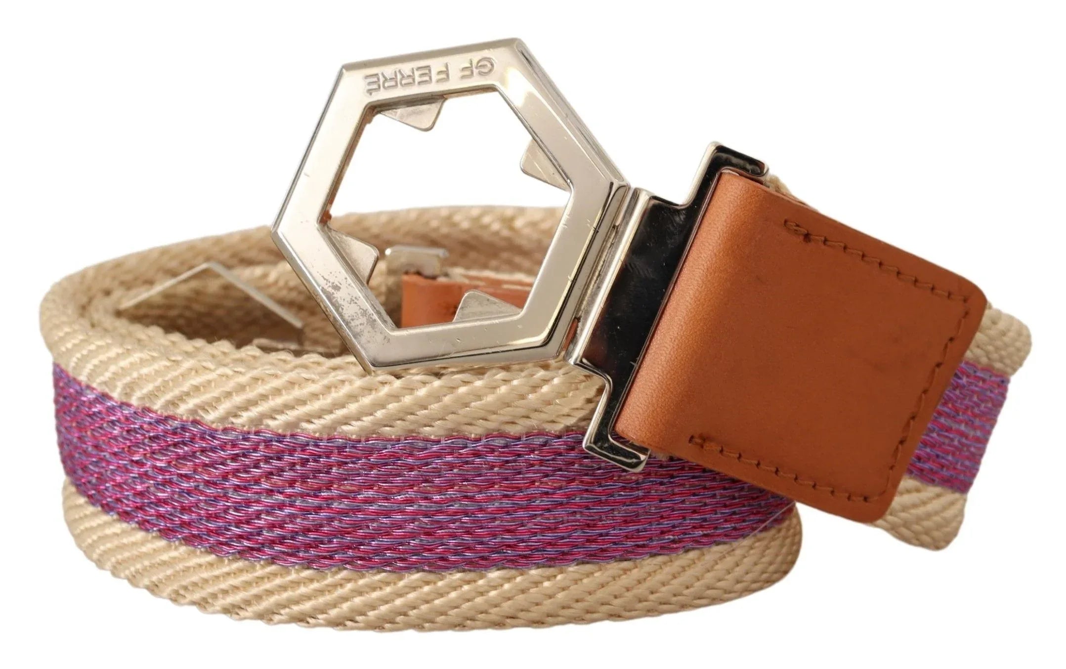GF Ferre Multicolor Leather Silver Hexagon Logo Buckle Belt - Zeiniez