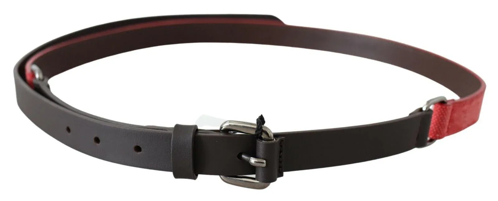 Costume National Red Brown Leather Silver Logo Buckle Waist Belt - Zeiniez