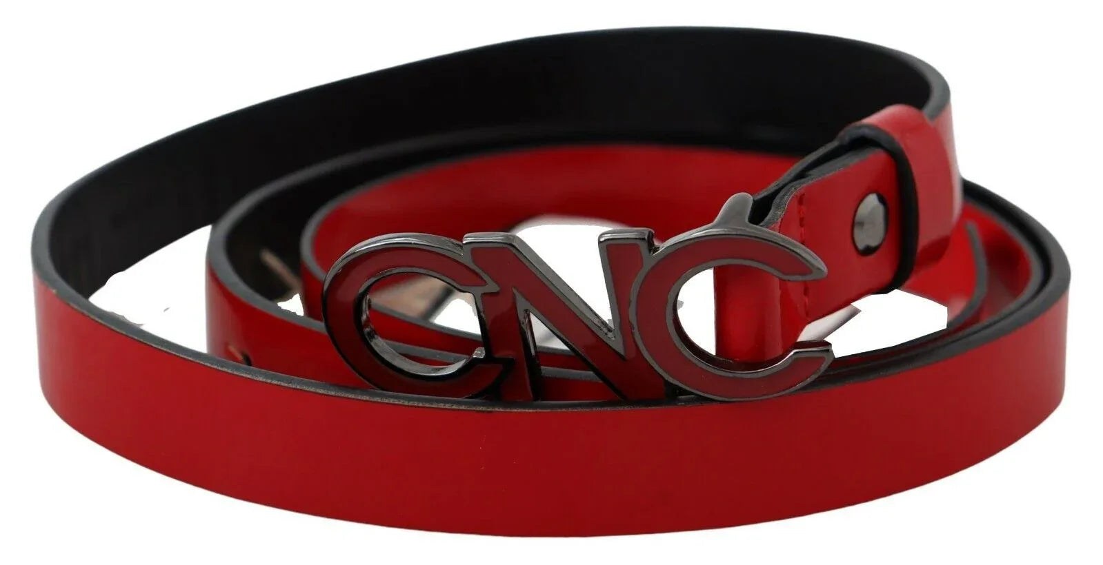 Costume National Red Black Reversible Leather Logo Buckle Belt - Zeiniez