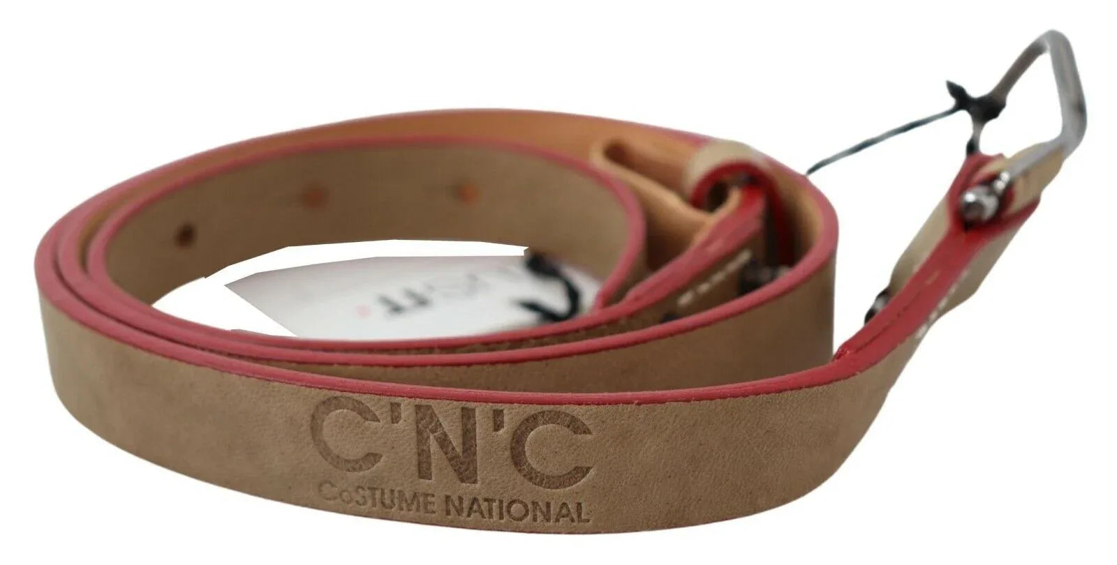 Costume National Beige Leather Silver Logo Buckle Waist Belt - Zeiniez