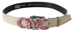 Costume National Beige Leather Pink Letter Logo Buckle Belt - Zeiniez